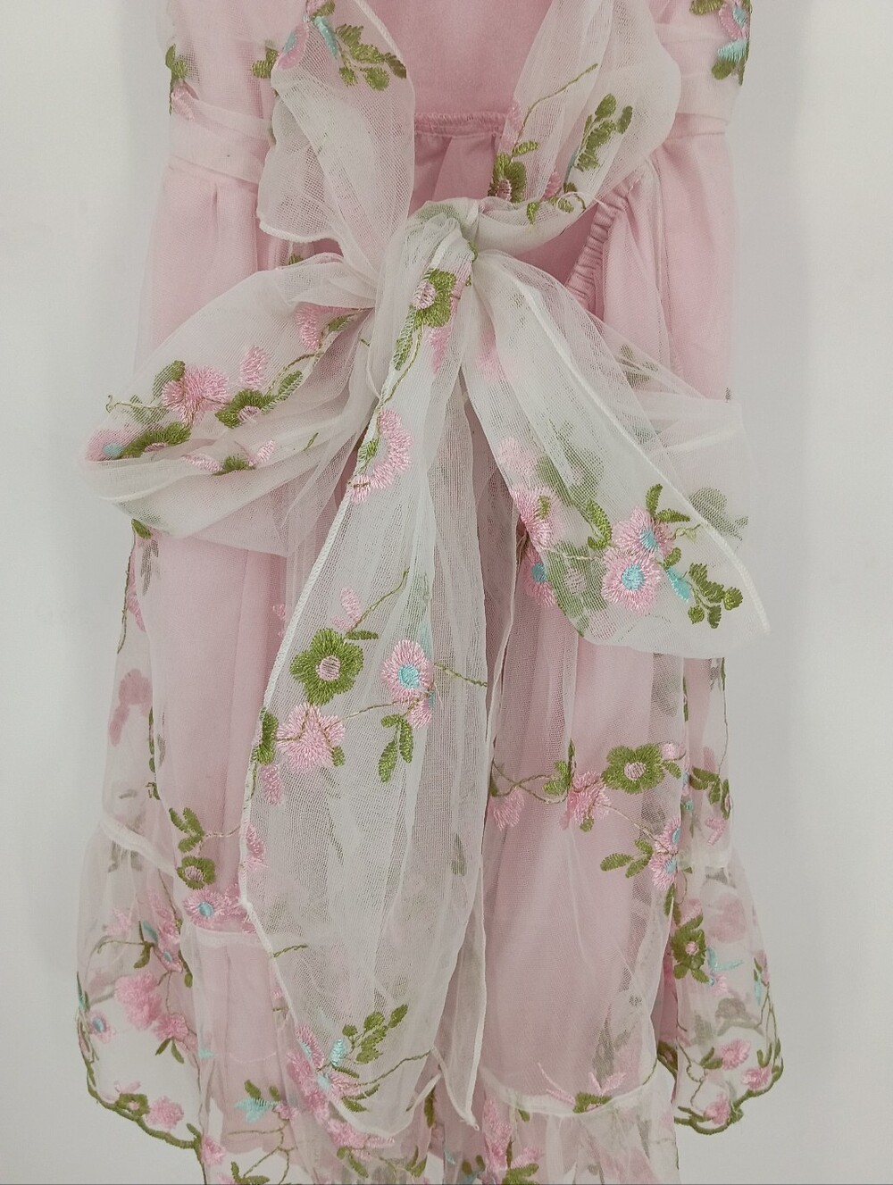 Coqutte Style Pink Floral Embroidered Mini Dress with Strappy Back Romantic Bow - Picture 6 of 7